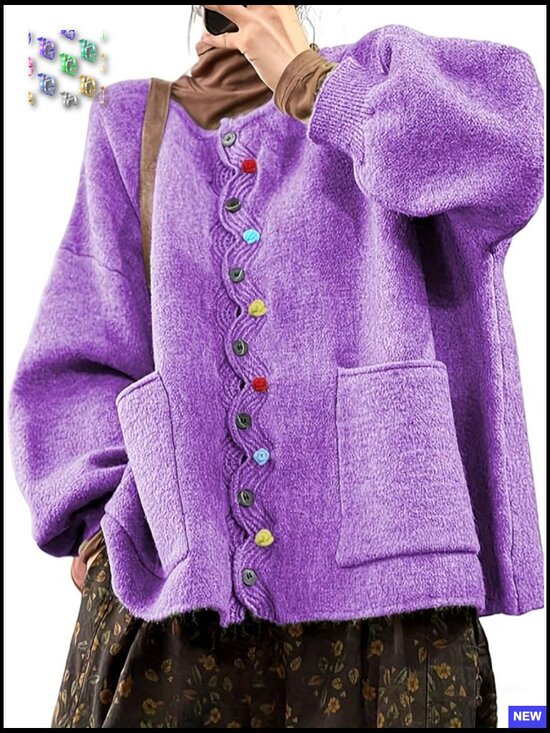 Sweaters - Loose Knit Cardigan Oversized Puff Sleeve Button Sweater Top with Pockets